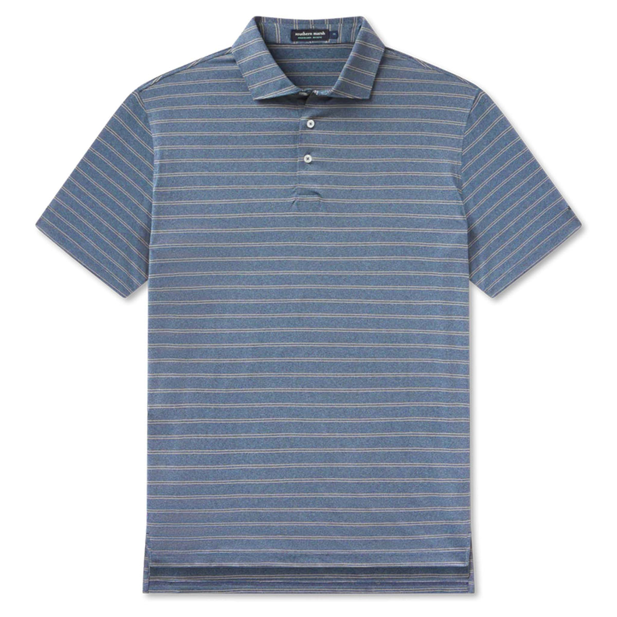 Blue striped polo shirt on a white background