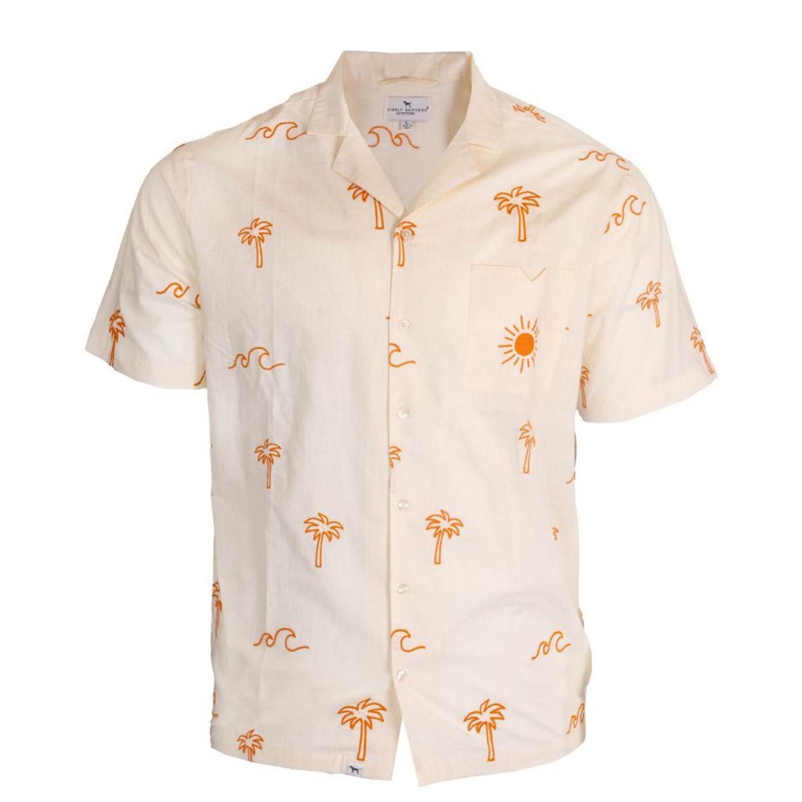 Simply Southern Men's Vacation printed button down beige shirt.