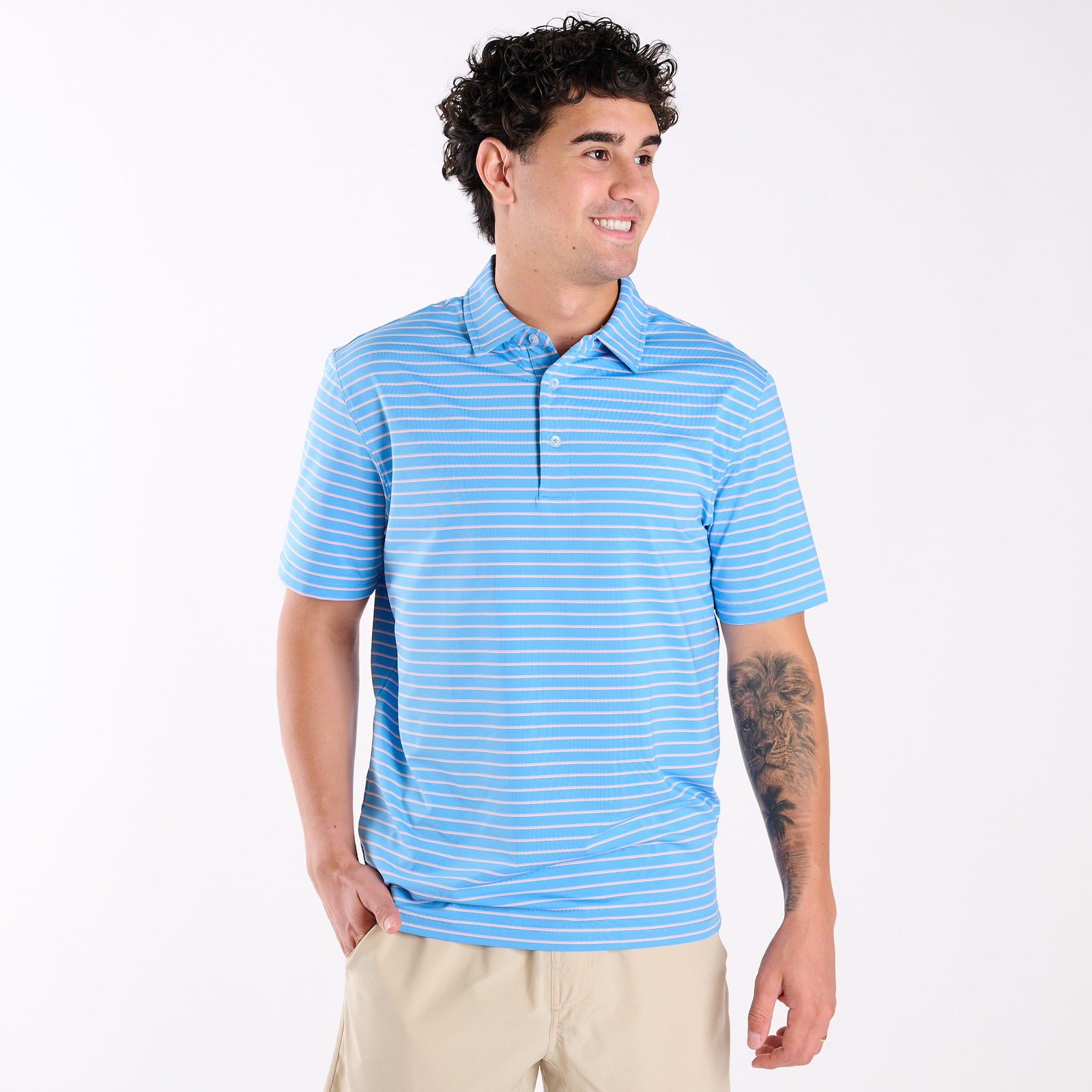 Men's Striped UPF Polo in Light Blue