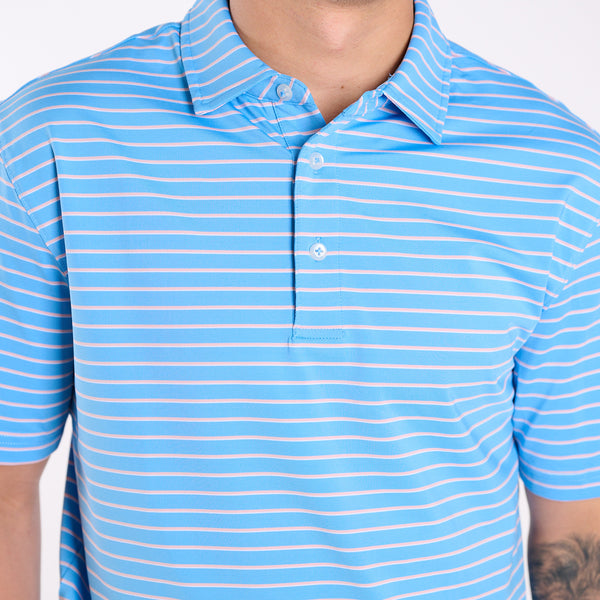 Men's Striped UPF Polo in Light Blue