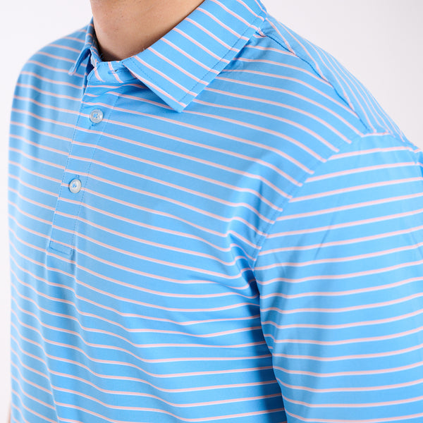 Men's Striped UPF Polo in Light Blue