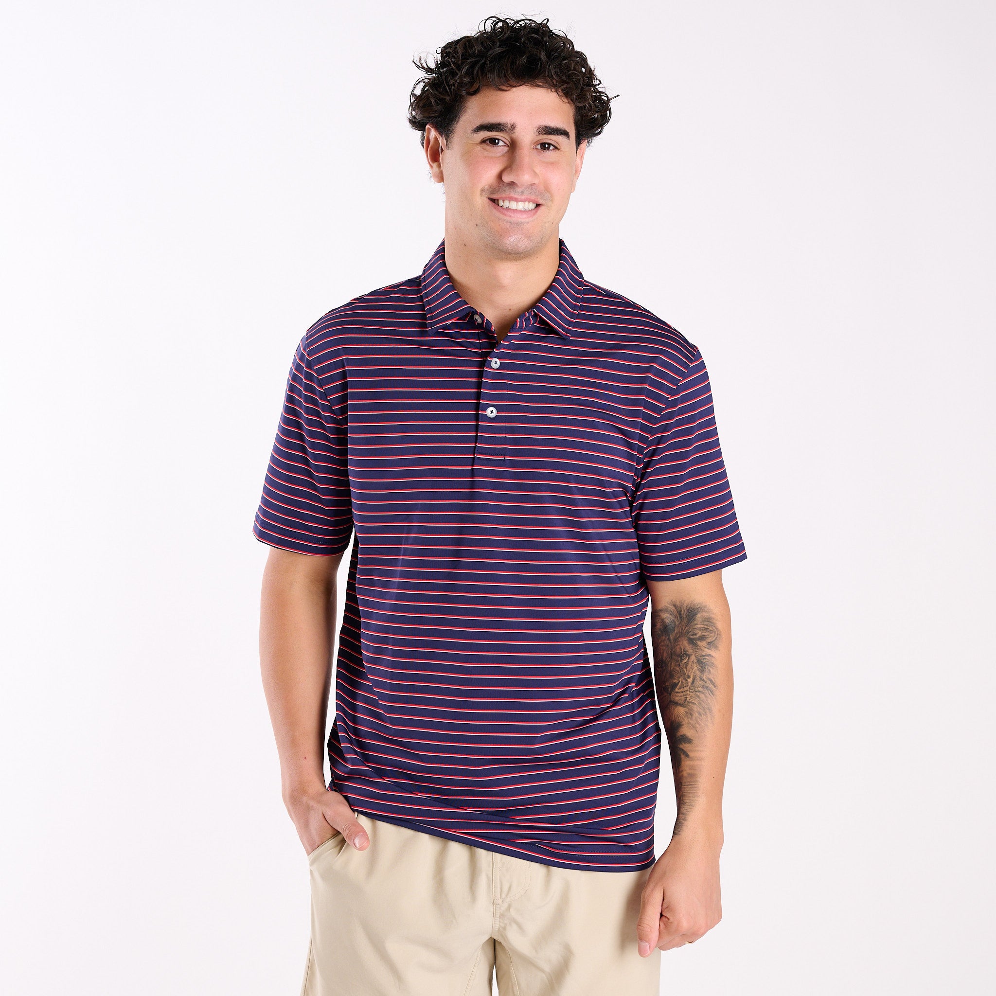 Simply Southern Men's Striped UPF Polo in Red | Palmetto Moon