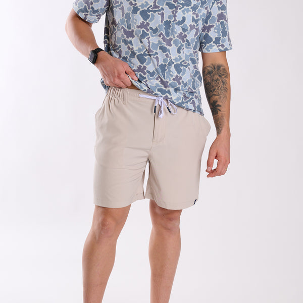 Button Drawstring Waist Shorts in Beige