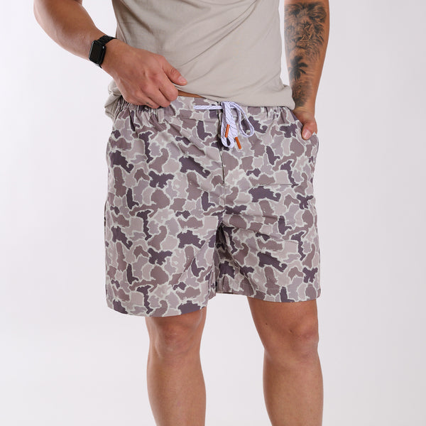 5-inch Drawstring Waist Shorts in Grey Camo