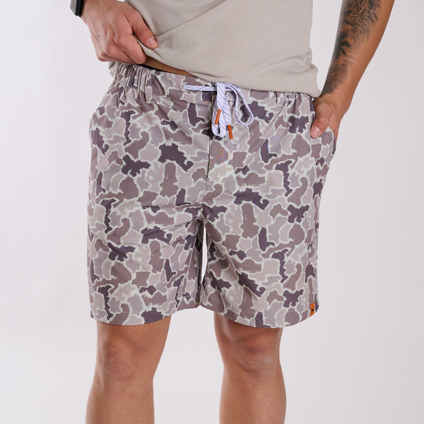 5-inch Drawstring Waist Shorts in Grey Camo