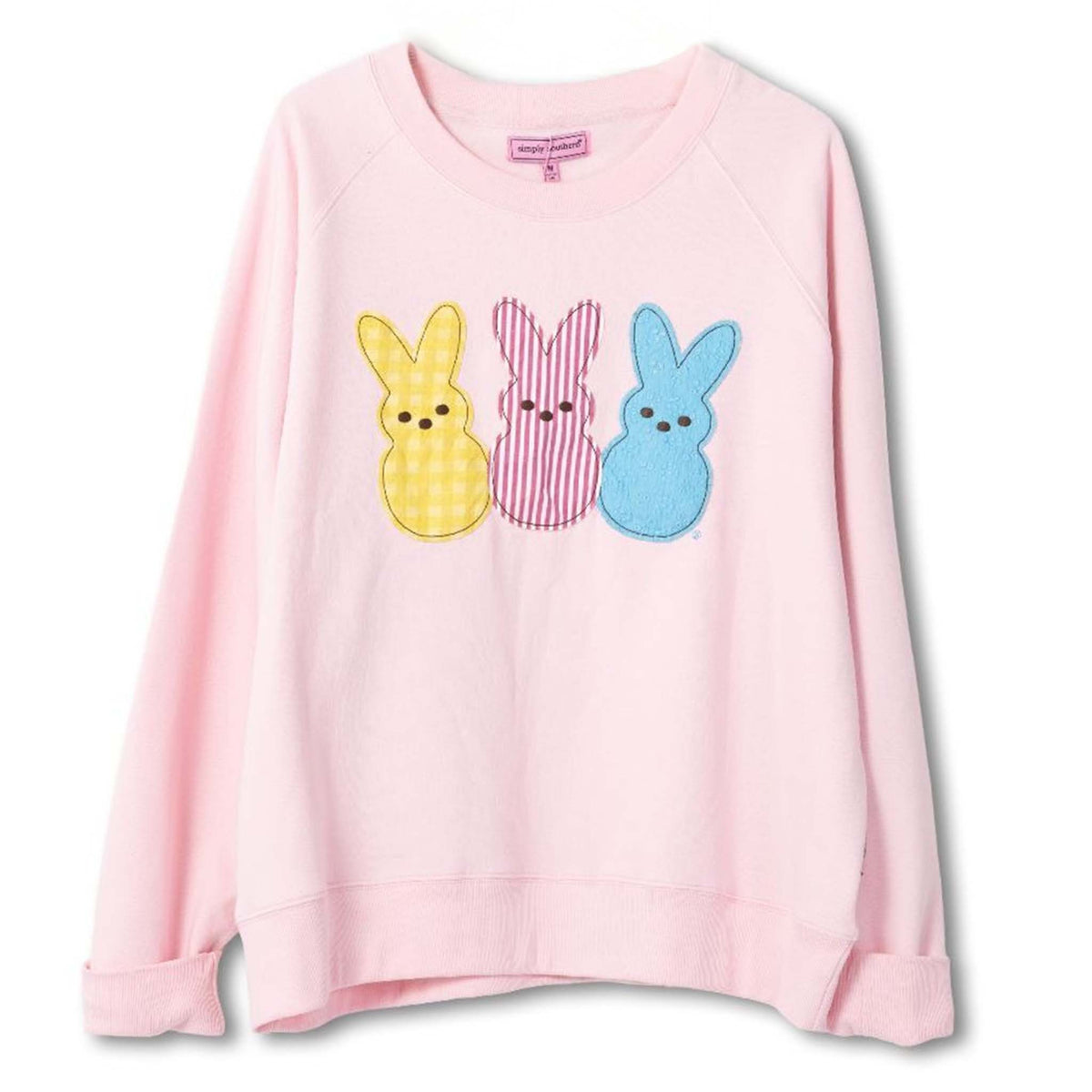 Simply Southern pink crewneck sweatshirt with yellow, striped pink, and blue Peeps bunny appliqué design.