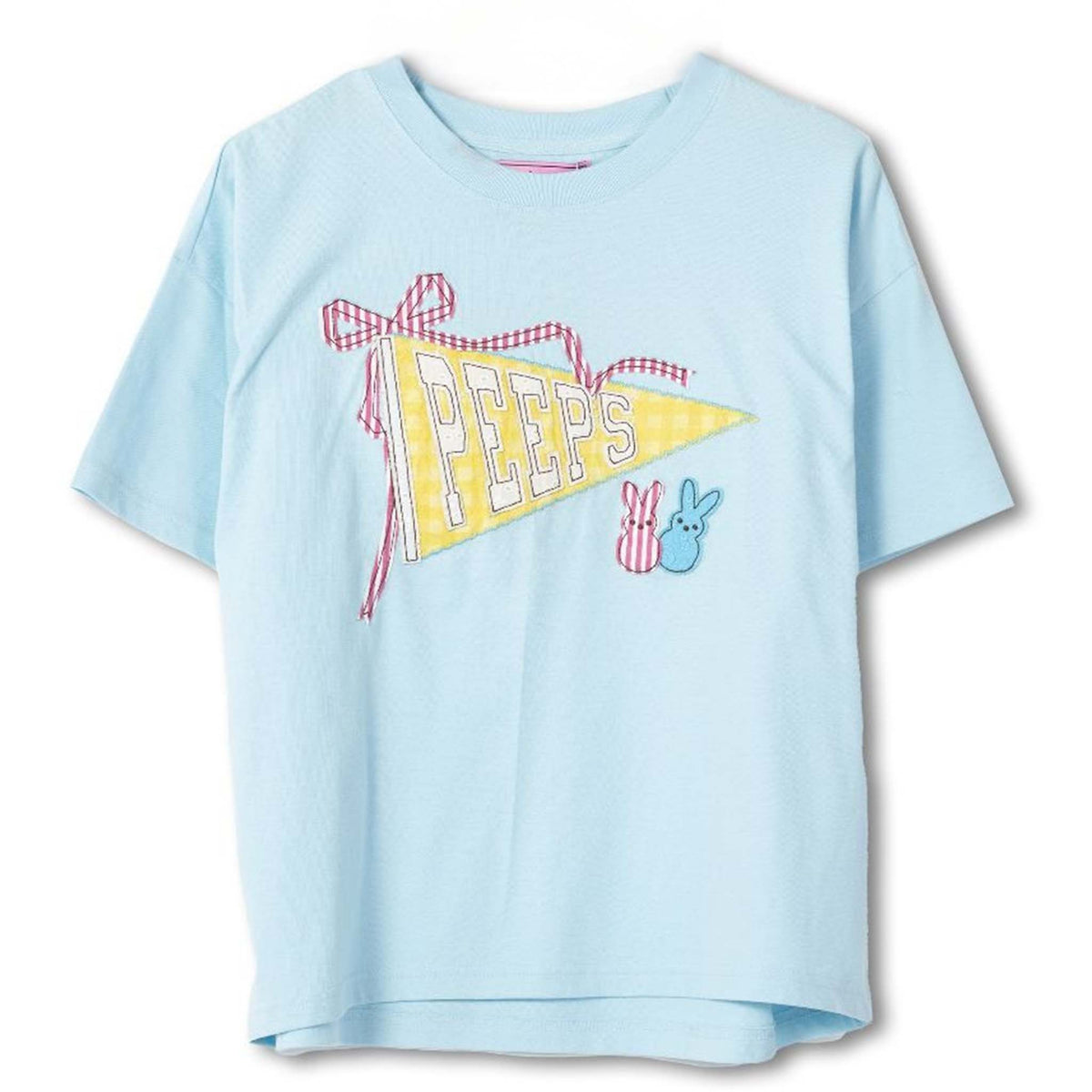 Simply Southern blue t-shirt with yellow Peeps pennant graphic, pink ribbon detail, and small bunny accents on front.