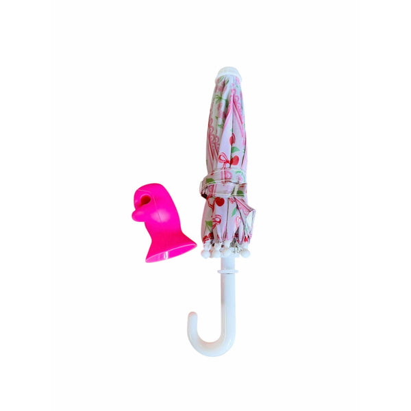 Floral-patterned umbrella with a pink suction cup on a white background