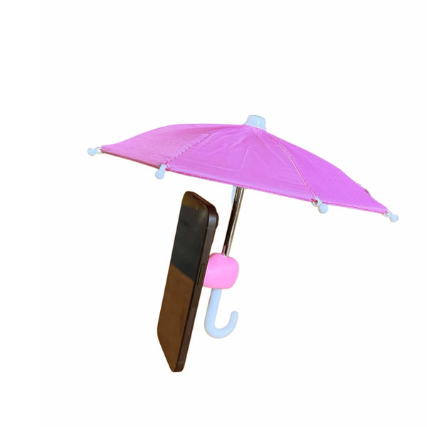Pink mini umbrella attached to a smart phone shown on a white background