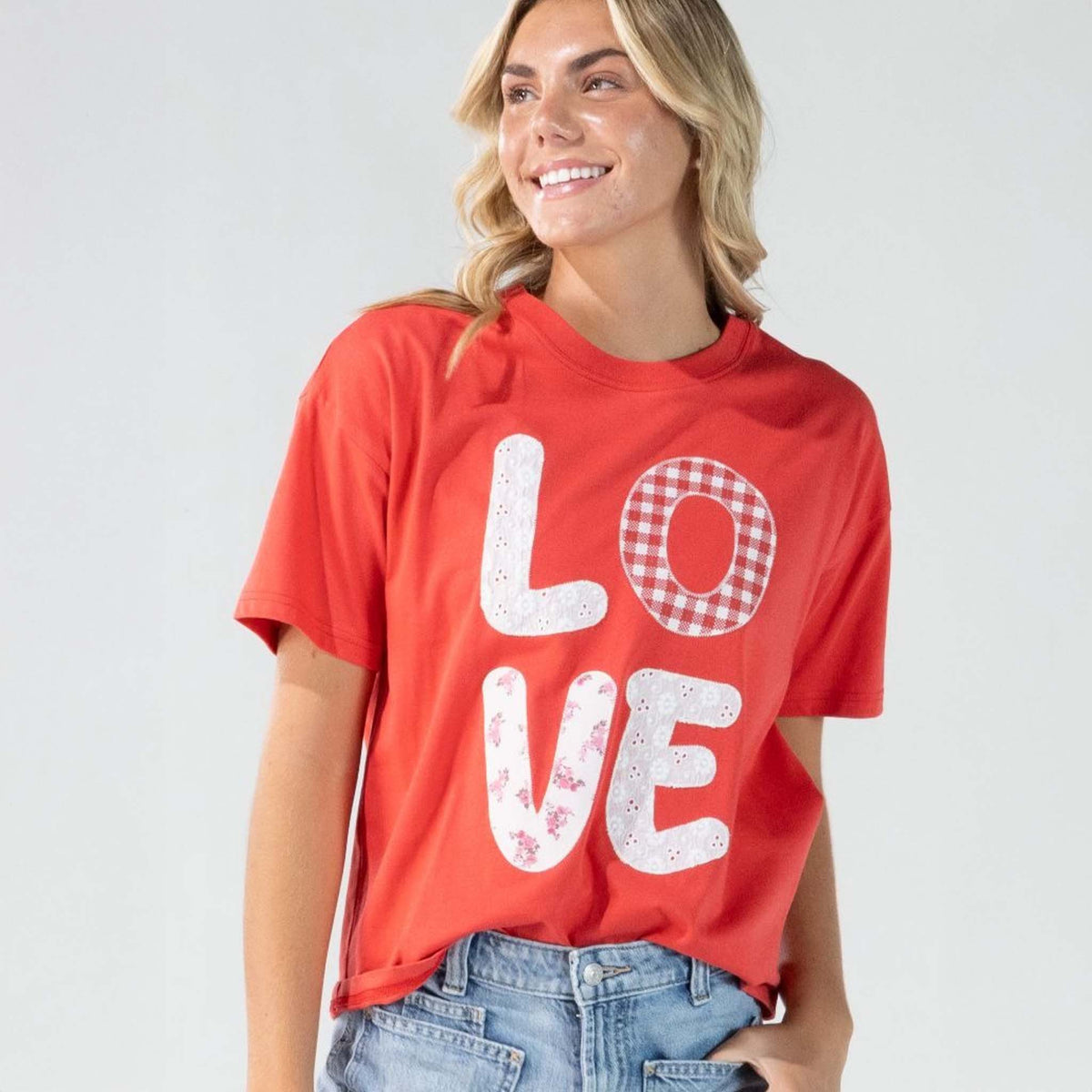 Simply Southern Love Patch Short Sleeve T-Shirt in Red