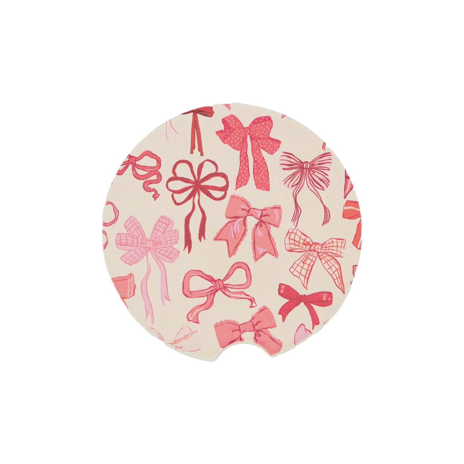 Round car coaster with cut-out notch, featuring a cream background and assorted pink and red bow designs.