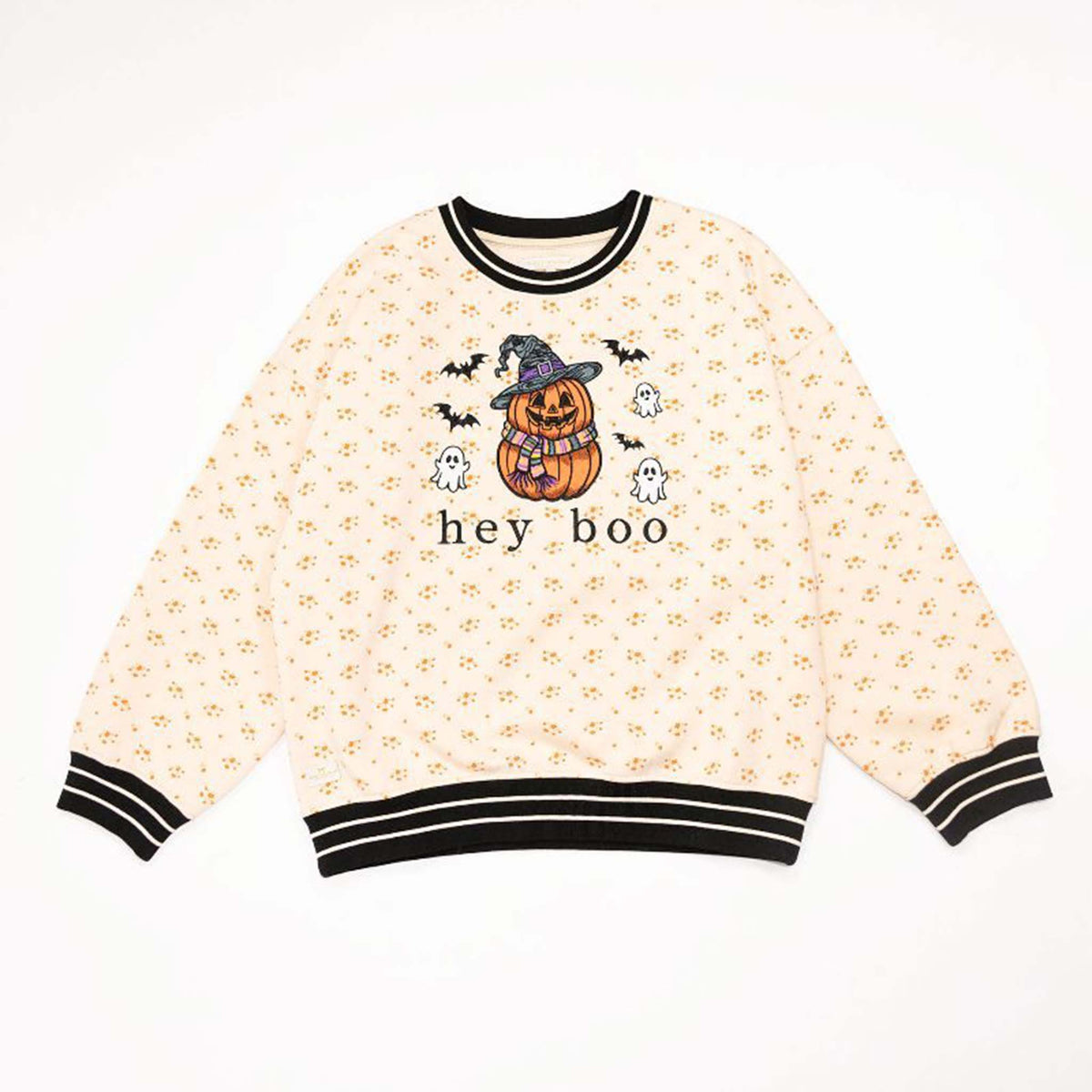 Beige floral sweatshirt with jack-o’-lantern, ghosts, bats, and 'hey boo' text, styled with black and white varsity trim.