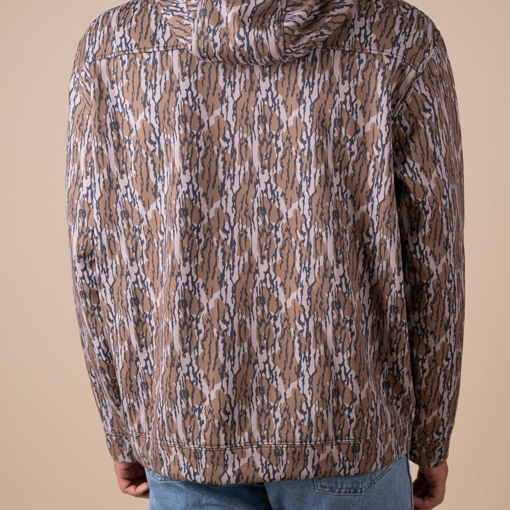 Patterned jacket worn by a person on a beige background