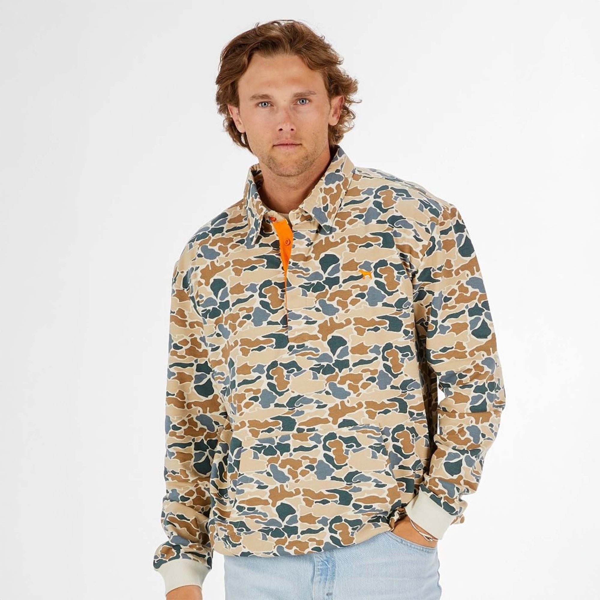 Men's Camo Collared Pullover by simply southern shown on model