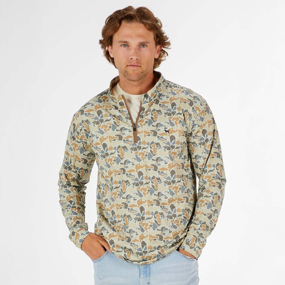 Front view of a man wearing a simply southern Men's Camo Quarter Zip Pullover