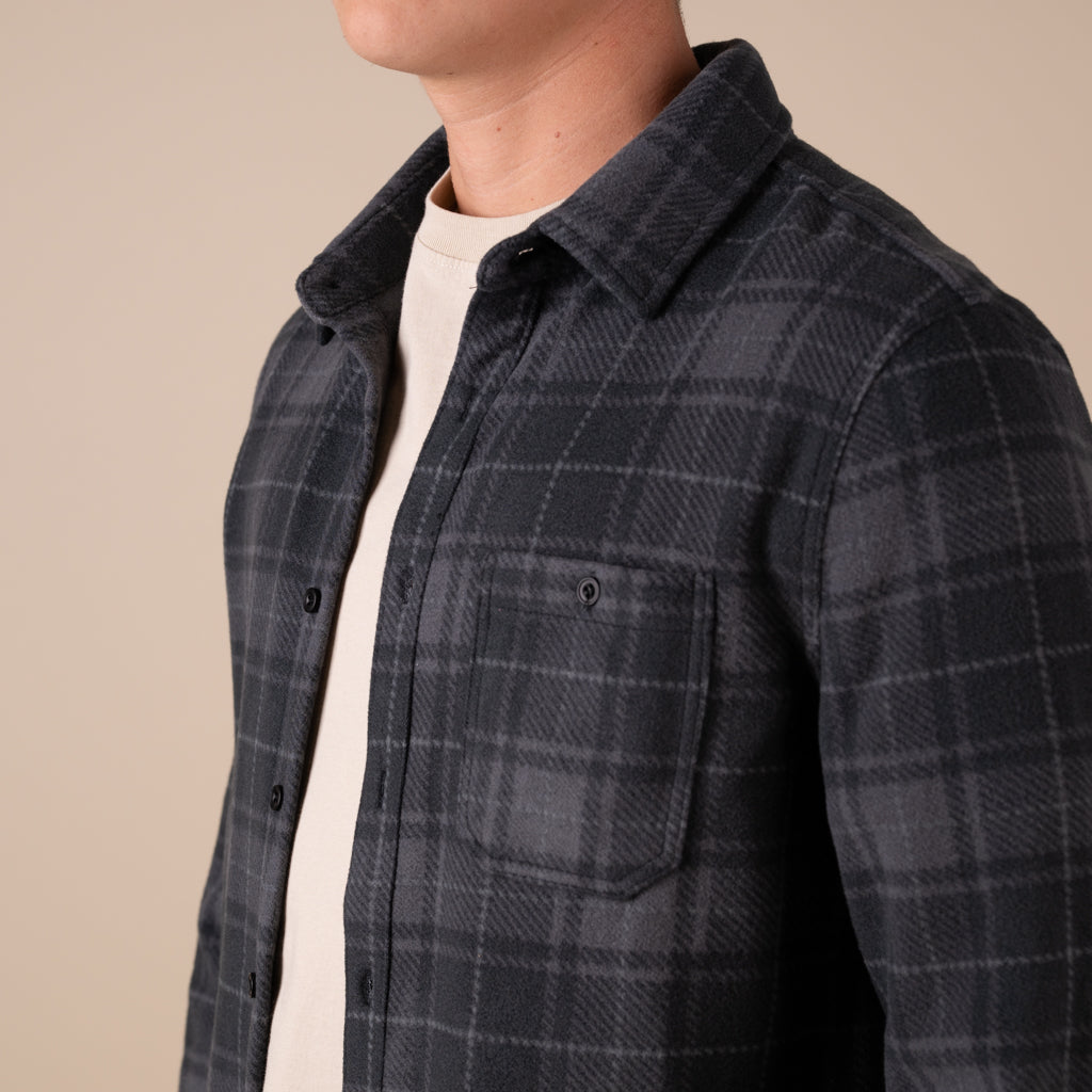 Men's Black Plaid Brushed Fleece Shacket