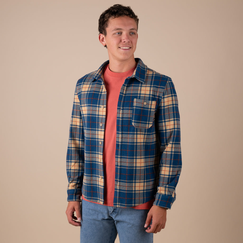 Men's Blue Plaid Brushed Fleece Shacket