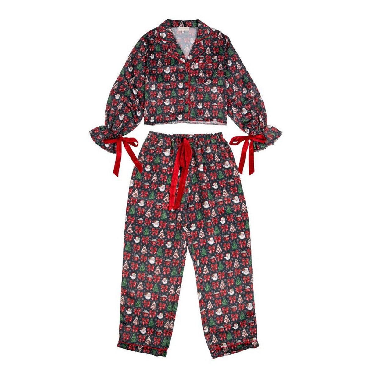 Women's long sleeve pajama set with a bow and chirstmas cake design. The sleeves are cuffed with bows and the waistband of the pants has a drawstring.