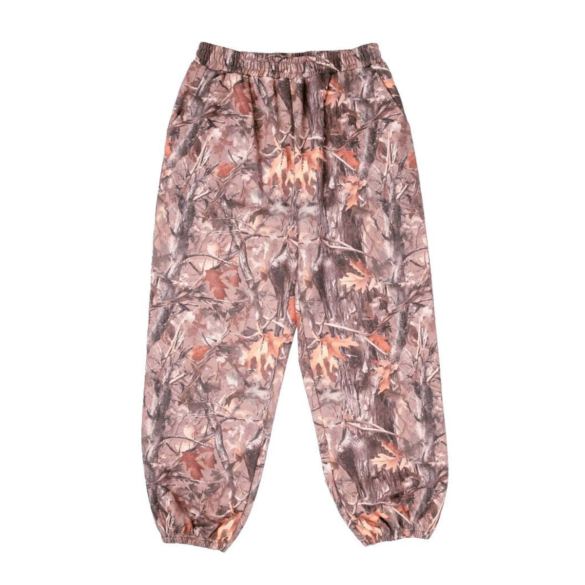 front flat lay of Men’s camo print jogger-style pants