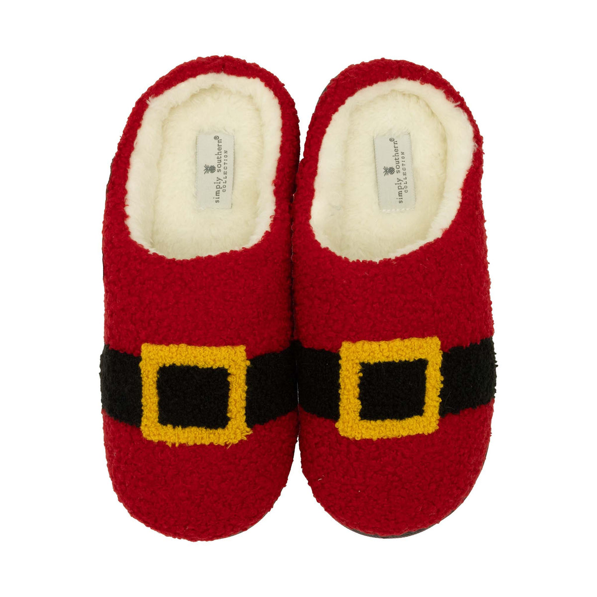 Red Simply Southern slippers with black belt and yellow buckle design, featuring a white sherpa lining.