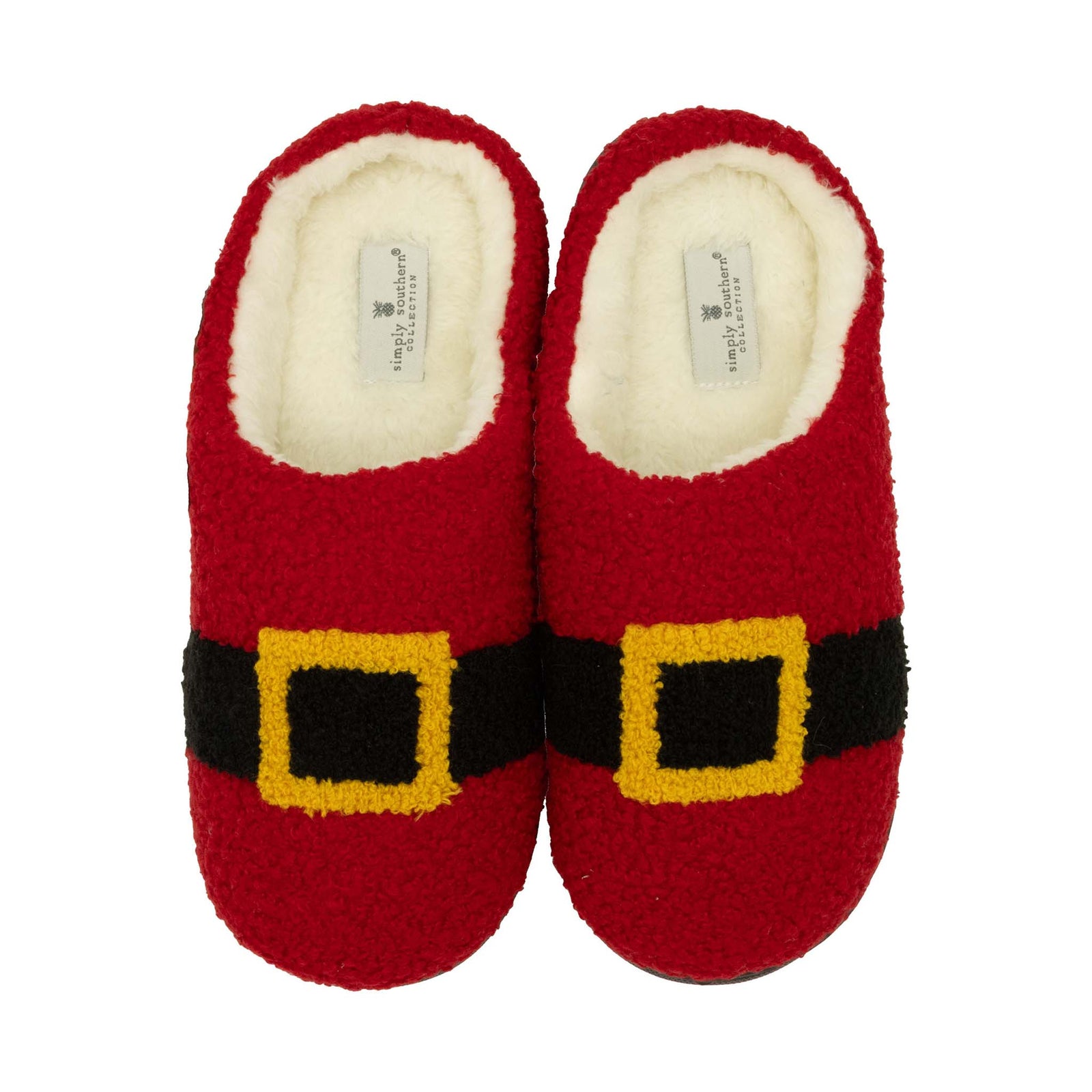 Red Simply Southern slippers with black belt and yellow buckle design, featuring a white sherpa lining.