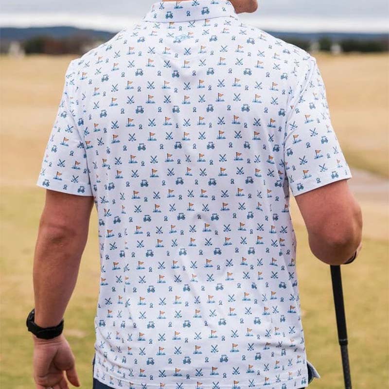 man wearing burlebo hole in one shirt