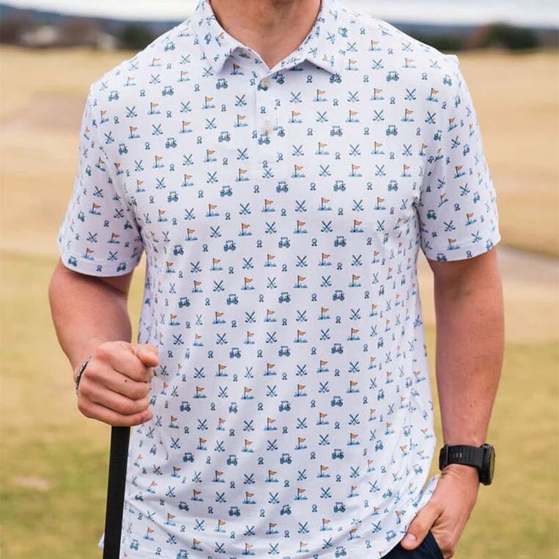 man wearing burlebo hole in one shirt