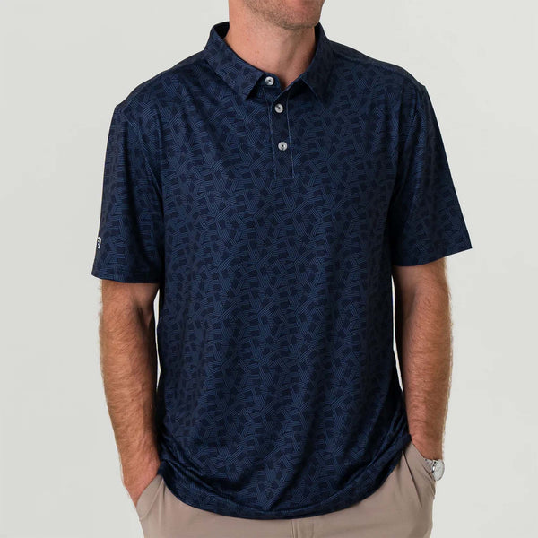 Burlebo Stars and Stripes Short Sleeve Performance Polo, sizes S-XXL, Burlebo Stars and Stripes Short Sleeve Performance Polo, sizes S-XXL, Front view of the Burlebo Stars and Stripes Performance Polo showing the classic three-button placket and all-over navy-on-navy small American Flag pattern.