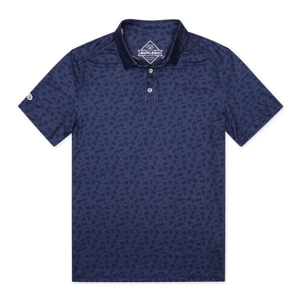Burlebo Stars and Stripes Short Sleeve Performance Polo, sizes S-XXL, Flat lay of the Burlebo Stars and Stripes Performance Polo showing the classic three-button placket and all-over navy-on-navy small American Flag pattern.