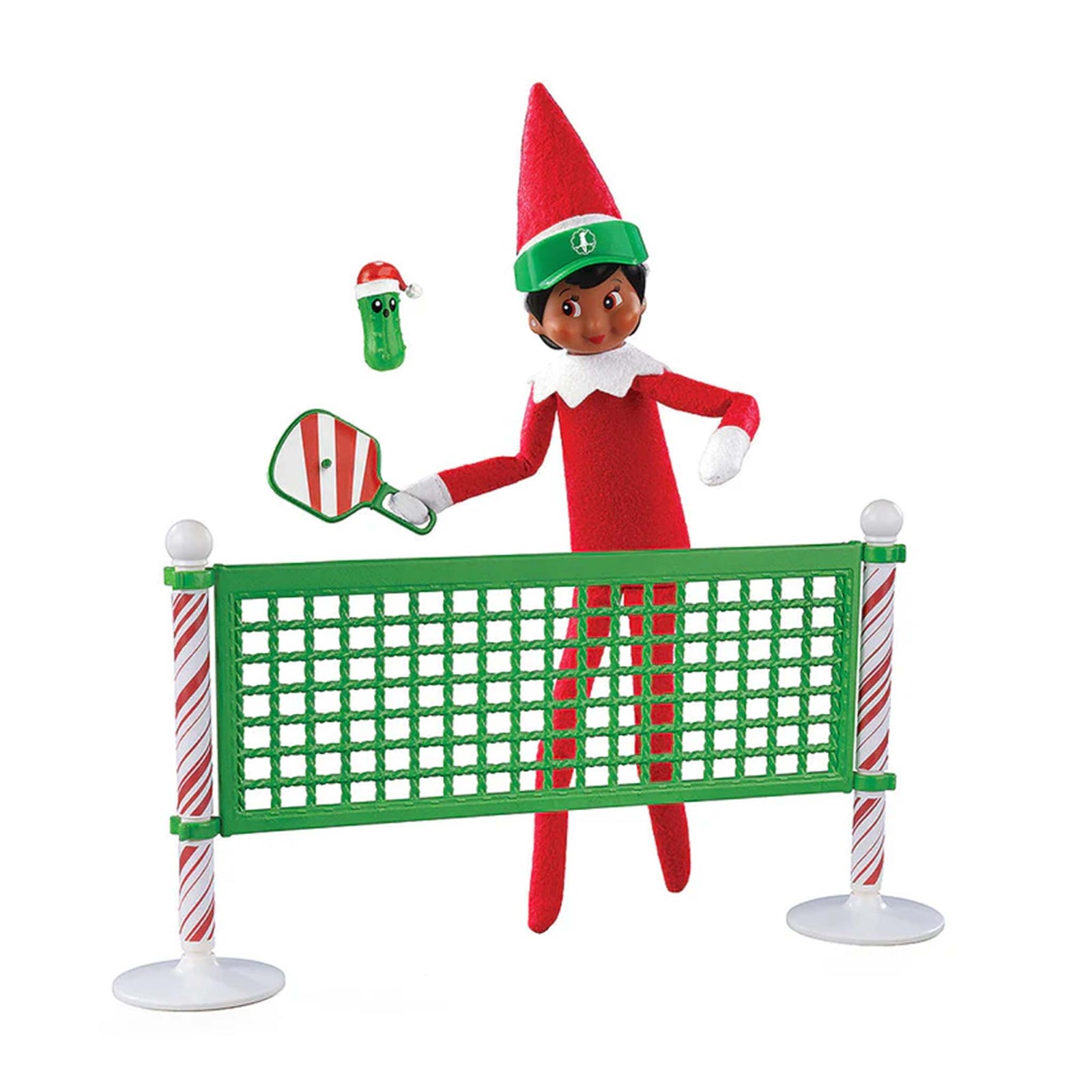 Elf on the Shelf with pickleball equipment on a white background