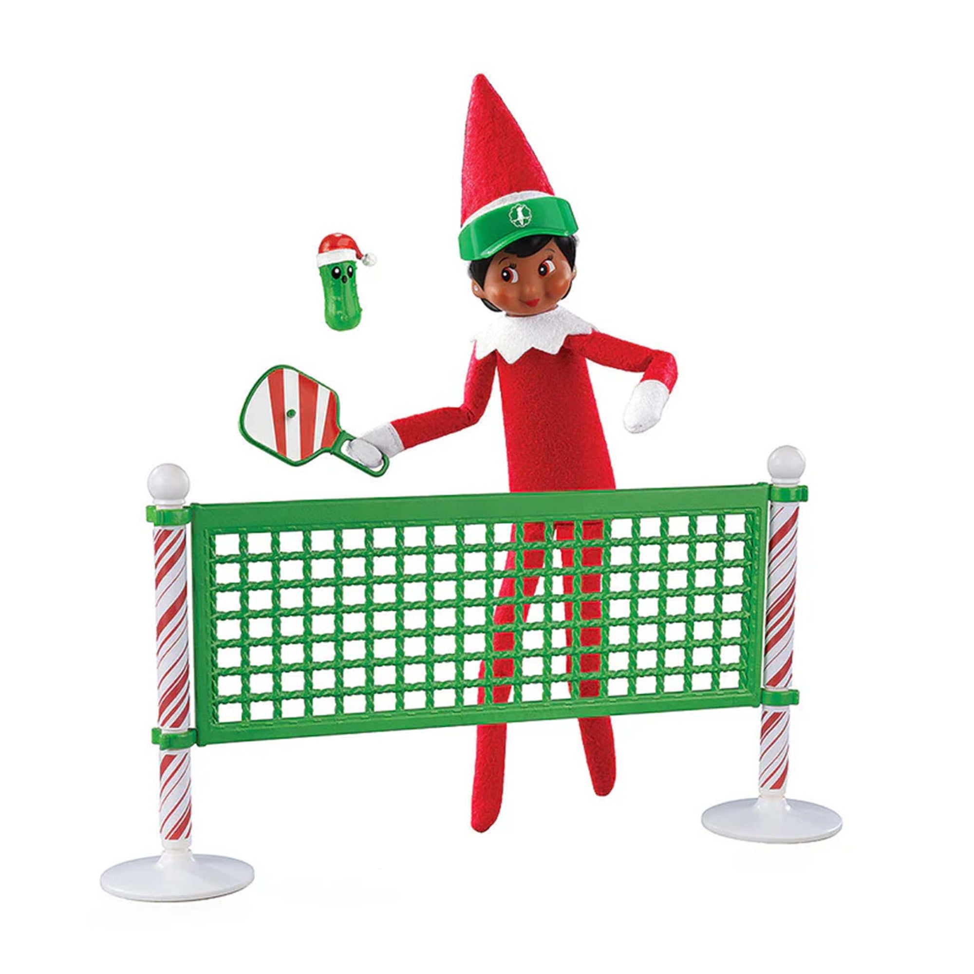 Elf on the Shelf with pickleball equipment on a white background