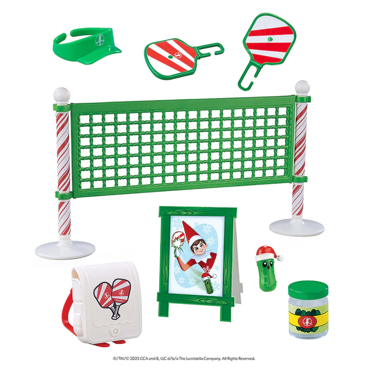 Set of Christmas-themed sports equipment and accessories on a white background