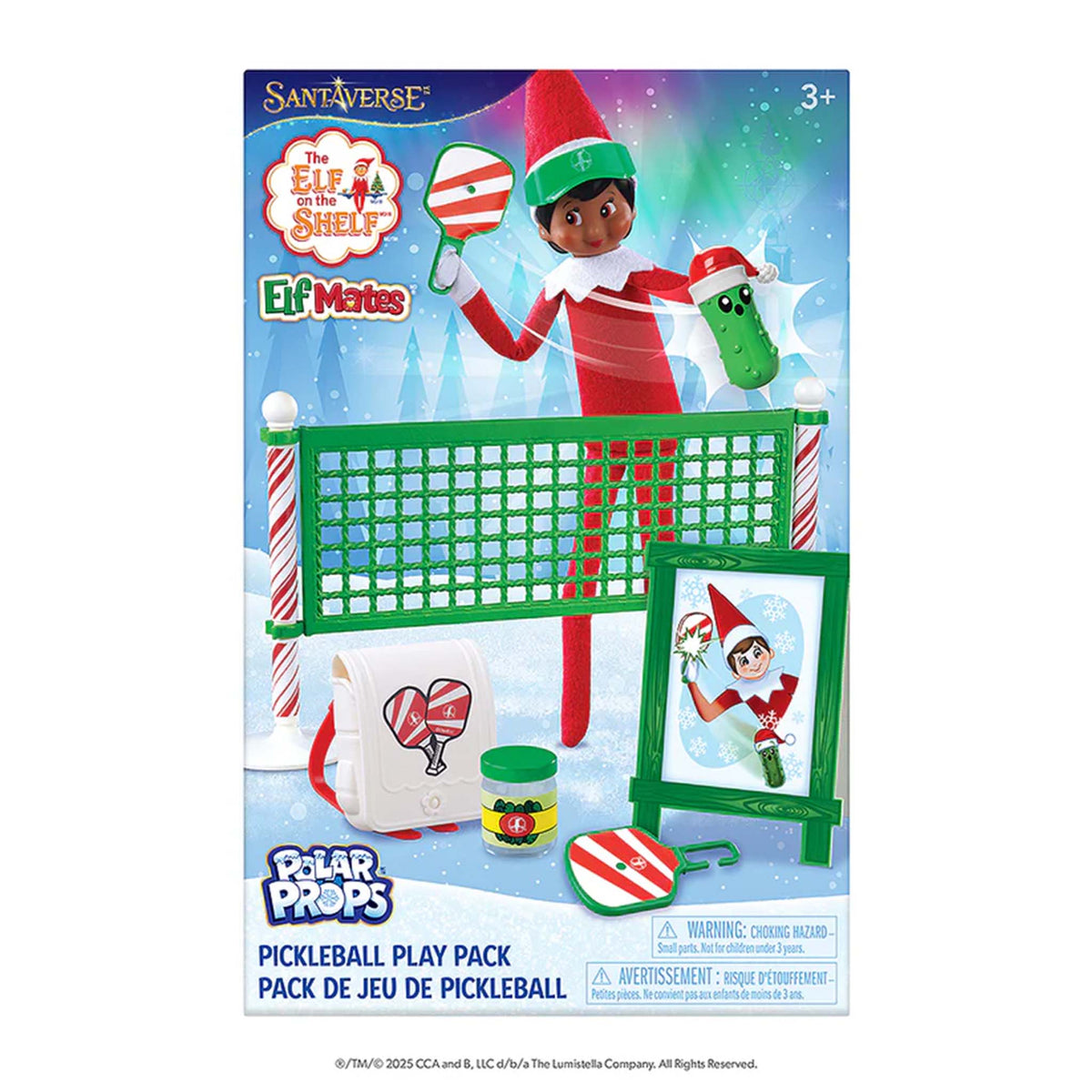 Elf on the Shelf pickleball play pack with packaging featuring elves and sports equipment.