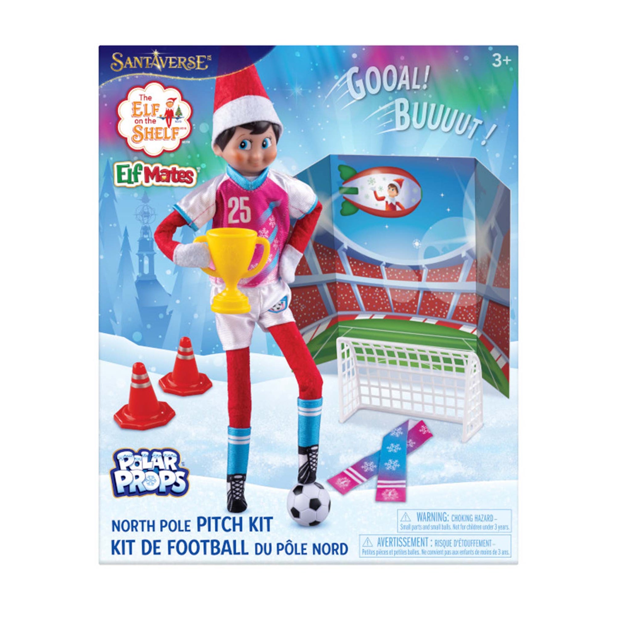 Elf on the Shelf packaging with a soccer-themed kit and character holding a trophy.