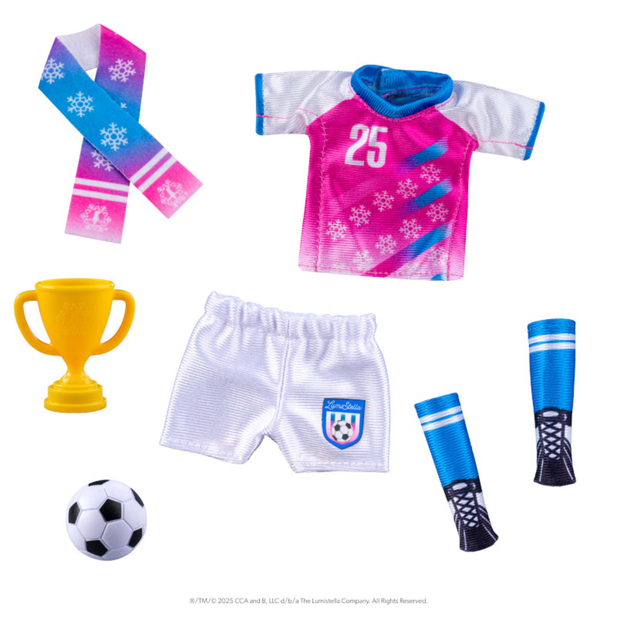 Soccer-themed doll outfit with pink jersey, white shorts, blue socks, soccer ball, and trophy on a white background.