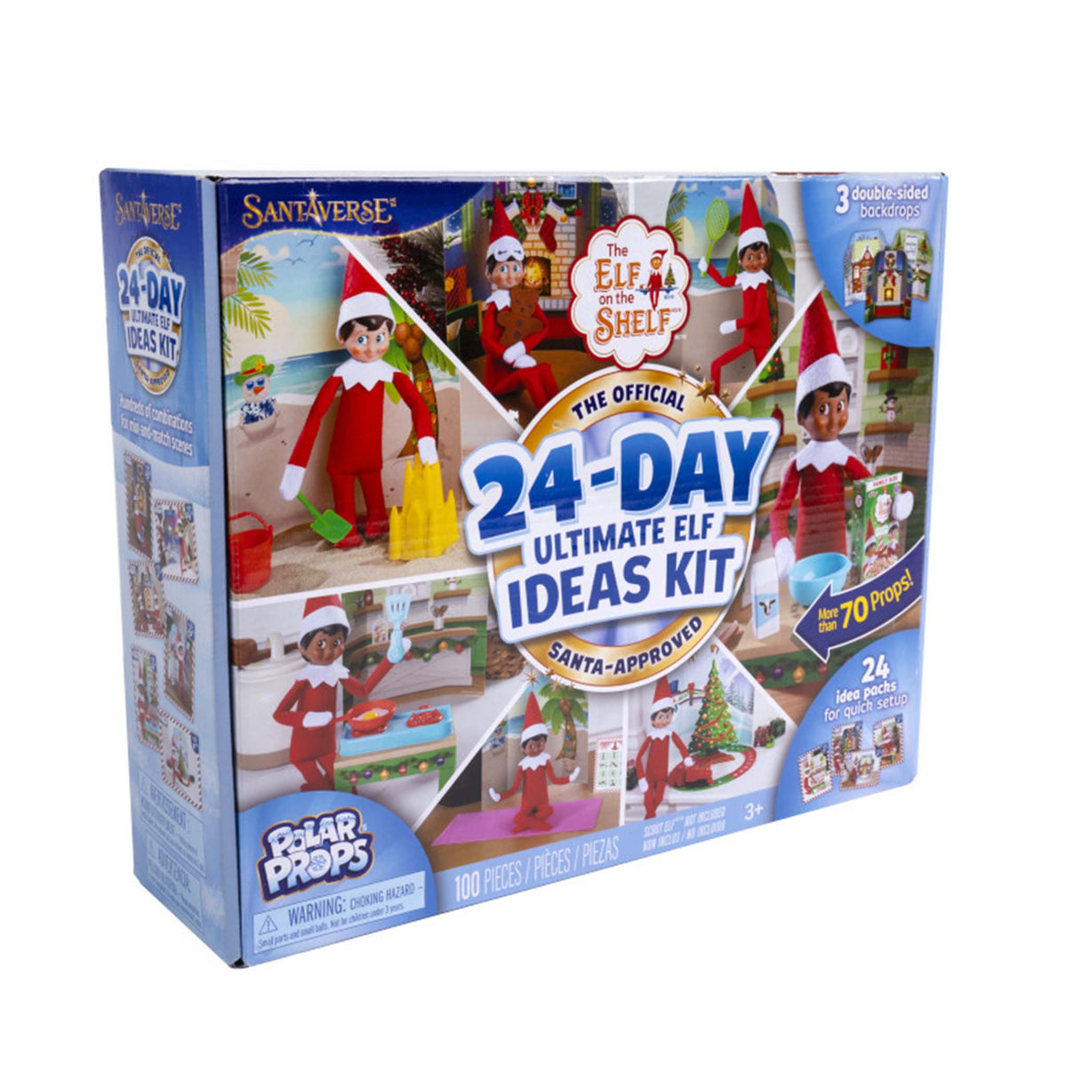 Box of 'The Elf on the Shelf' 24-Day Ultimate Ideas Kit with multiple images of elves and text on a white background.
