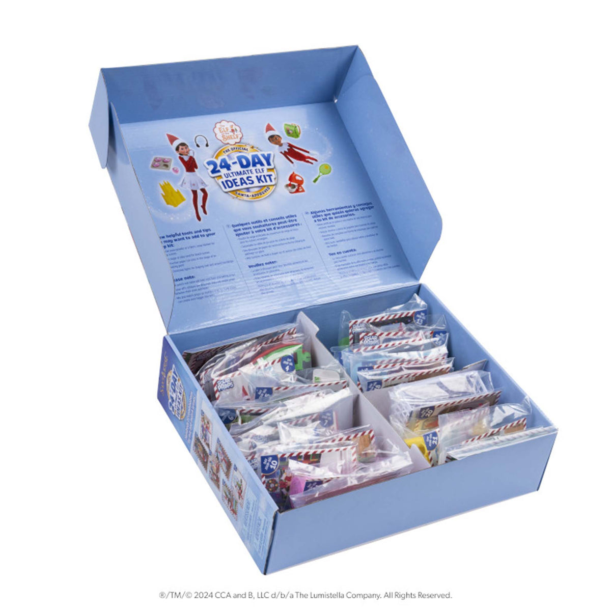 Open blue box containing various items with a colorful label on a white background
