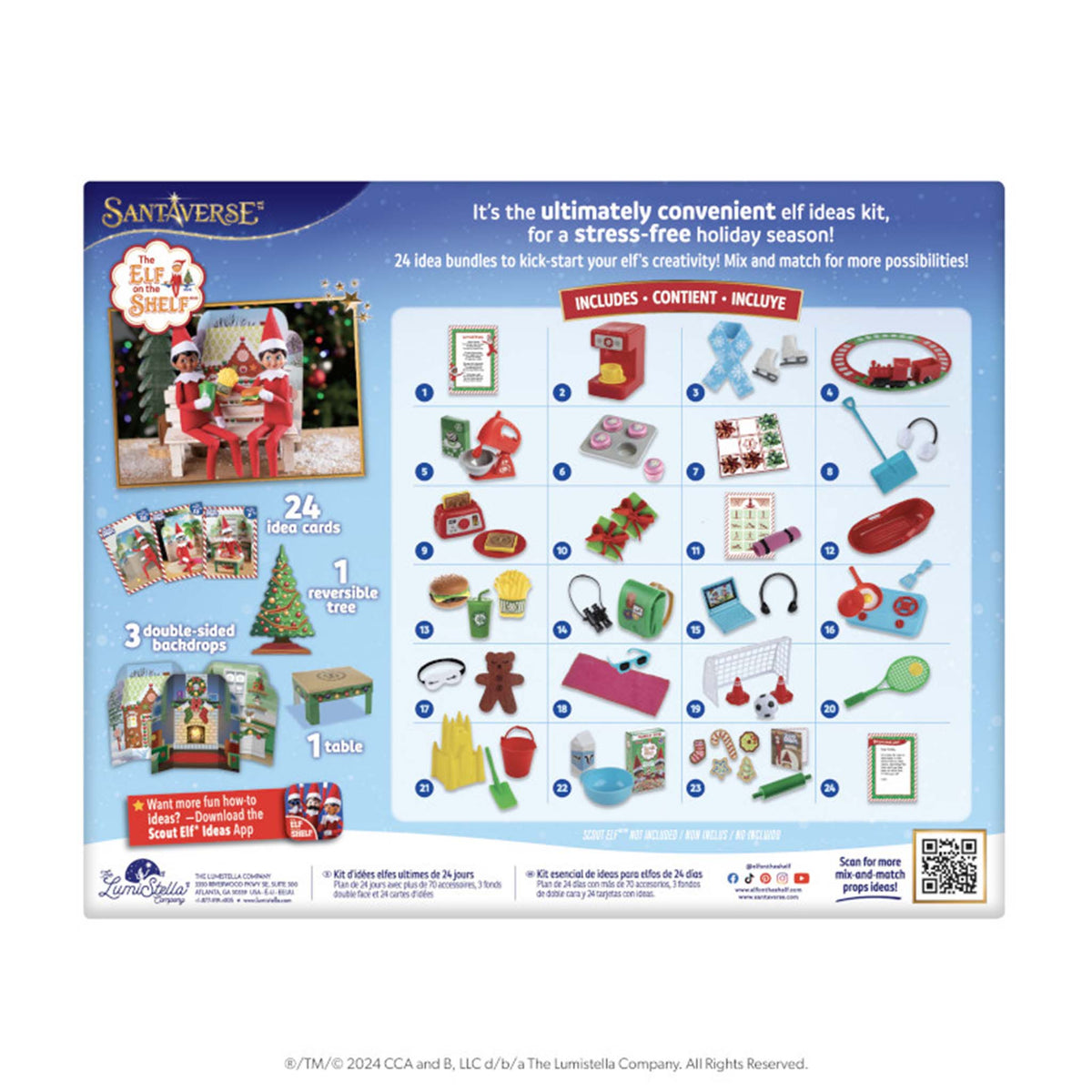 Product packaging for 'The Elf on the Shelf' stress-free holiday season kit with various items and features.