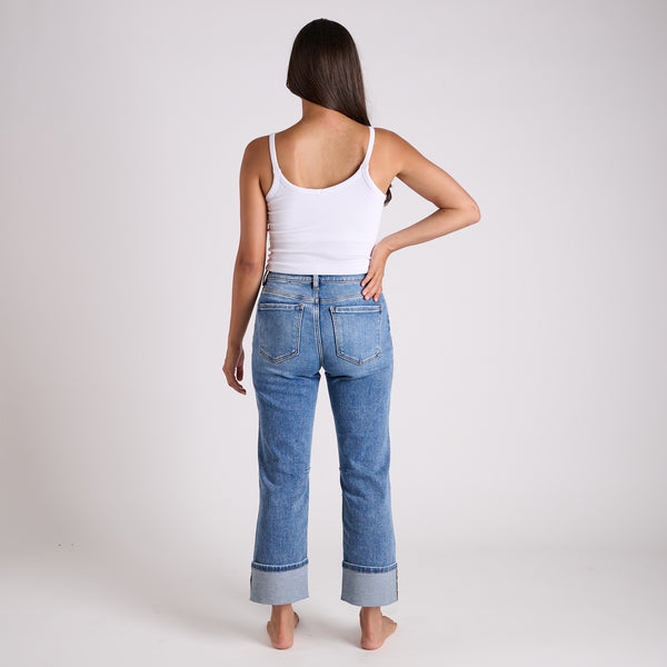 High Rise Straight Cuffed Hem Medium Wash Jeans