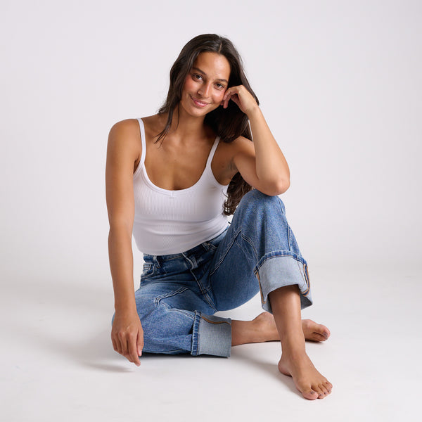High Rise Straight Cuffed Hem Medium Wash Jeans