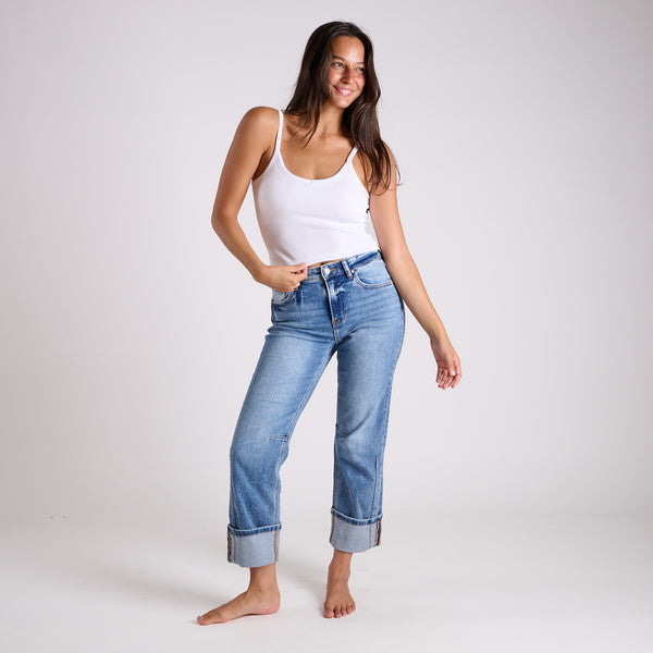 High Rise Straight Cuffed Hem Medium Wash Jeans