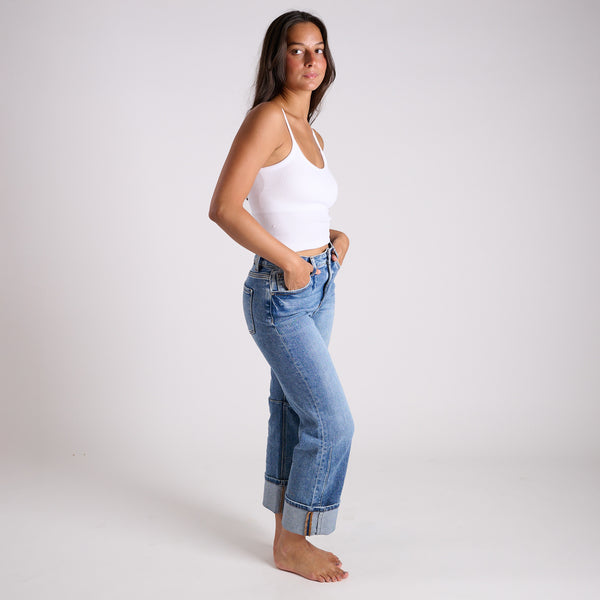 High Rise Straight Cuffed Hem Medium Wash Jeans