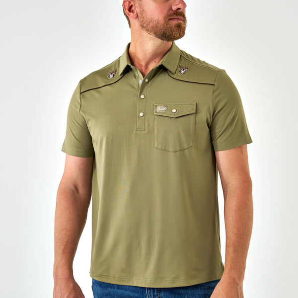 Man wearing a green polo shirt with a white background