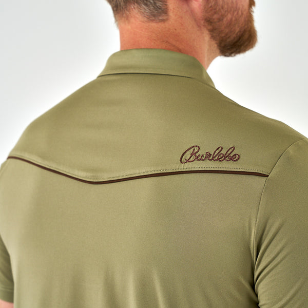 Green polo shirt with 'Burlebo' logo on the back against a white background