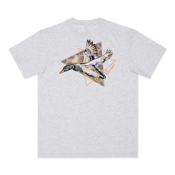 Burlebo t-shirt featuring a bold triangle graphic with a detailed flying duck design, inspired by outdoor adventure and hunting aesthetics.