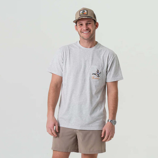 Burlebo t-shirt featuring a bold triangle graphic with a detailed flying duck design, inspired by outdoor adventure and hunting aesthetics.