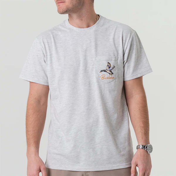 Burlebo t-shirt featuring a bold triangle graphic with a detailed flying duck design, inspired by outdoor adventure and hunting aesthetics.