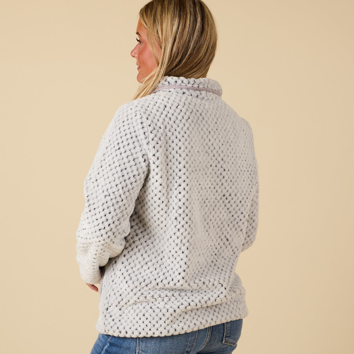 Back view of Simply Southern Frost Grey sherpa pullover with textured fleece and relaxed fit.