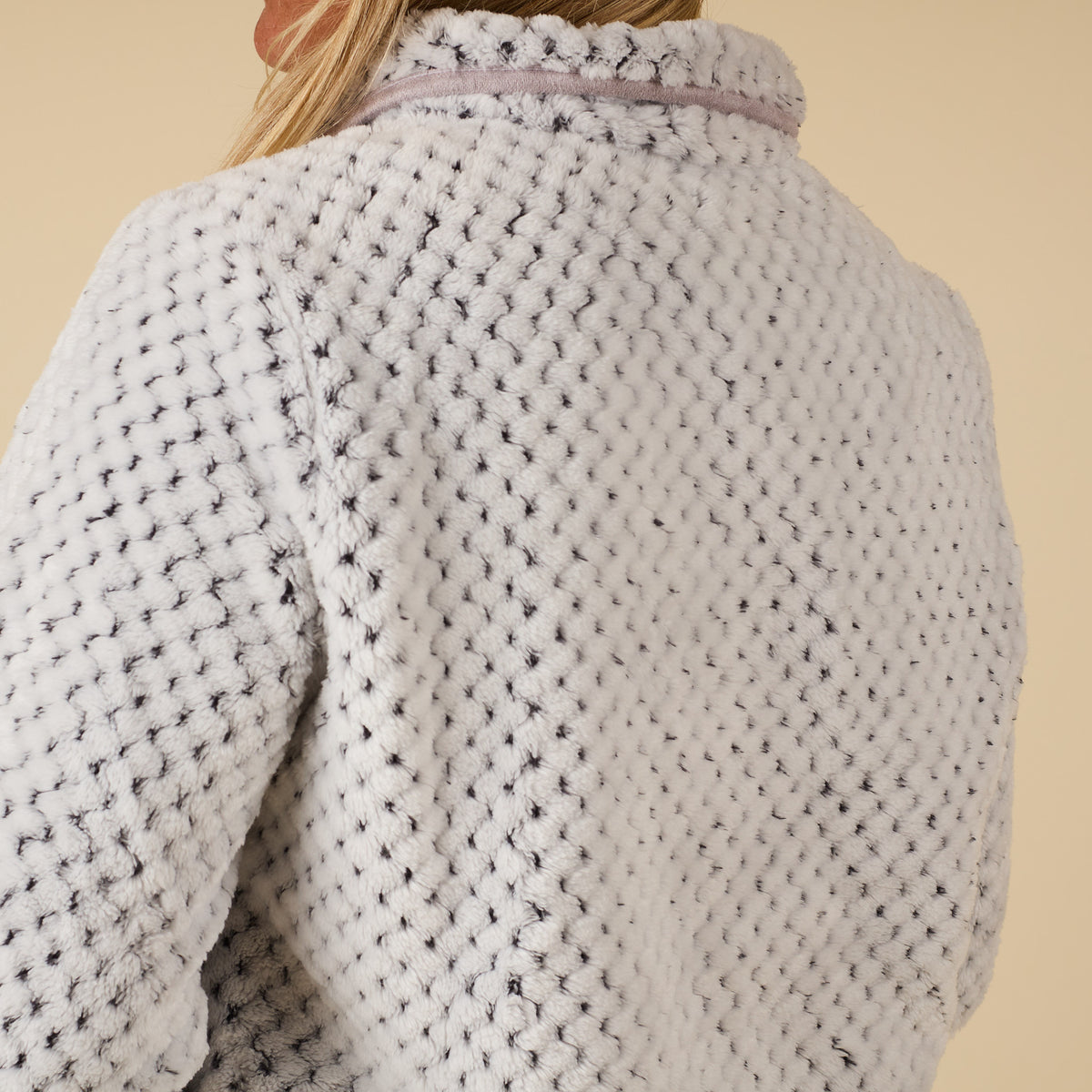 Close-up of Simply Southern Frost Grey sherpa pullover showing textured fleece and collar trim detail.