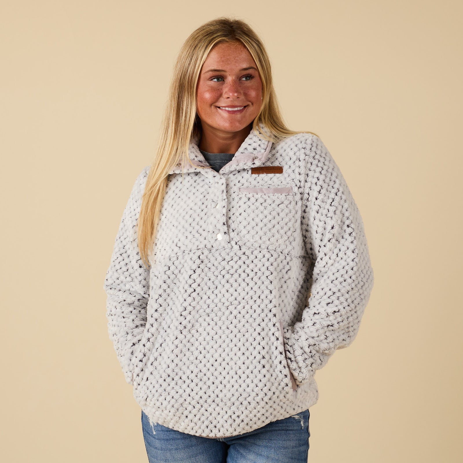 Front view of Simply Southern Frost Grey sherpa pullover with snap-up collar, chest pocket, and side hand pockets.